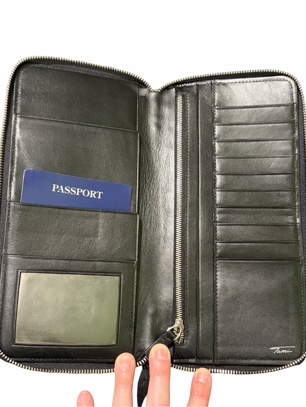 TUMI Black Leather Zip Around Travel Wallet Organizer Passport Holder
